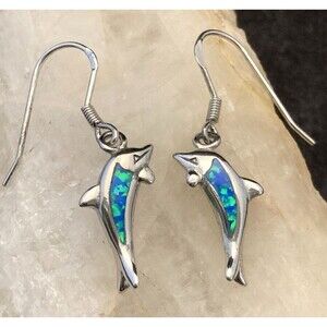Vintage CI Blue Faux Opal‎ Dolphin Dangle Earrings Sterling 925 Silver Dainty